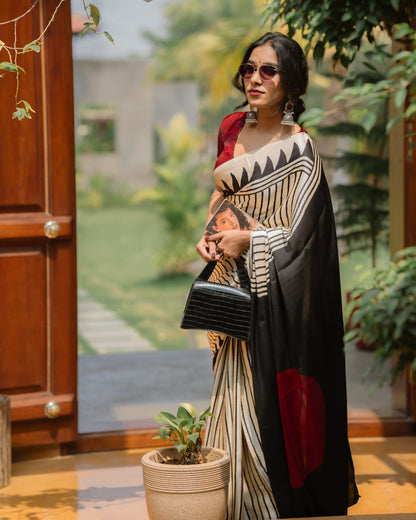 🌟 "Striped Elegance Saree – Black & Ivory Edition"
